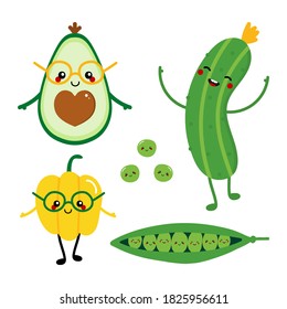 Set, collection of cute green vegetables characters happy and smiling. Avocado, cucumber, green peas and sweet bell pepper cartoon characters icons. 