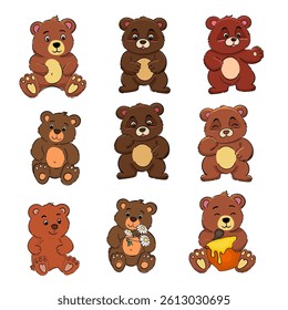 Set collection cute hand drawn Bears. Vector illustration cartoon. For print, decoration greeting card, stickers, brand products.