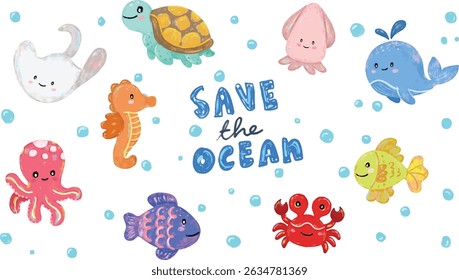 set collection of Cute hand drawn save the sea ocean beach animals creatures in pastel colors character doodle illustration kids summer season clipart crayon watercolour sticker design happy world
