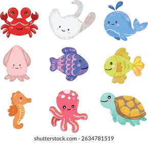 set collection of Cute hand drawn save the sea ocean beach animals creatures in pastel colors character doodle illustration kids summer season clipart crayon watercolour sticker design