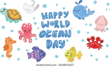 set collection of Cute hand drawn happy world international ocean sea beach animals creatures day in colorful pastel colors character doodle illustration kids summer crayon watercolour sticker design 