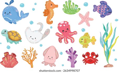 set collection of Cute hand drawn happy world international ocean sea beach animals creatures day in colorful pastel colors character doodle illustration kids summer crayon watercolour sticker design