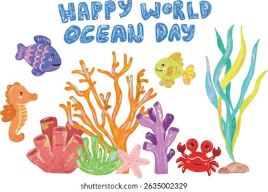 set collection of Cute hand drawn happy world international ocean sea beach animals creatures day in colorful pastel colors character doodle illustration kids summer crayon watercolour sticker design