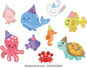 set collection of Cute hand drawn ocean sea beach animals creatures wearing birthday party hat in colorful pastel colors character doodle illustration kids summer celebration crayon watercolor sticker