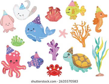 set collection of Cute hand drawn ocean sea beach animals creatures wearing birthday party hat in colorful pastel colors character doodle illustration kids celebration crayon watercolour sticker