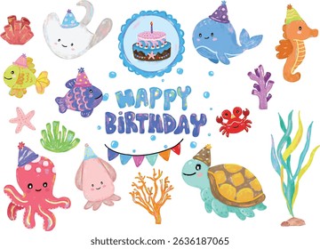 set collection of Cute hand drawn ocean sea beach animals creatures wearing happy birthday party hat in colorful pastel colors character doodle illustration kids celebration crayon watercolour clipart