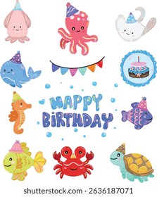 set collection of Cute hand drawn ocean sea beach animals creatures wearing happy birthday party hat in colorful pastel colors character doodle illustration kids celebration crayon watercolour clipart