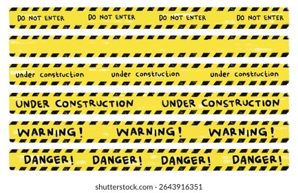 Conjunto de coleção de bonito mão desenhada amarelo preto sob construção advertência de perigo segurança alerta polícia linha crianças doodle crayon aquarela ilustração clipart png adesivo