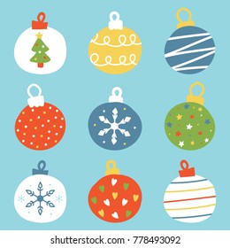Set, collection of cute hand drawn, cartoon christmas balls.