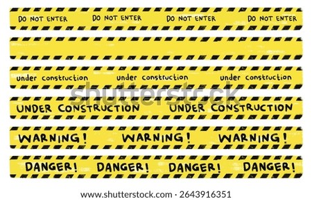 Set collection of cute hand drawn yellow black under construction warning danger safety alert police line kids doodle crayon watercolor illustration clipart png sticker