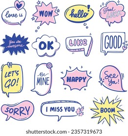 Set Collection Cute Handdrawn Bubble Text lettering vector Illustration