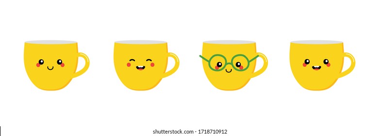 Set, collection of cute and happy cartoon style yellow tea of coffee cup characters.
