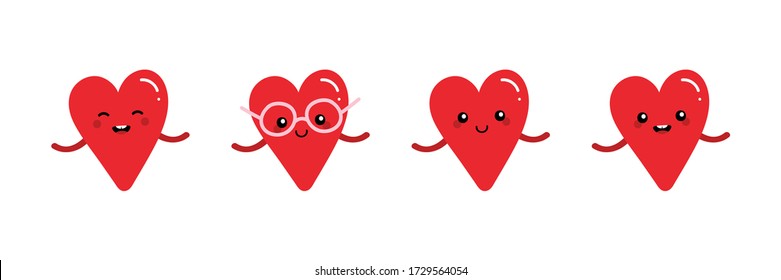 Set, collection of cute and happy cartoon red heart characters for Valentines Day design.