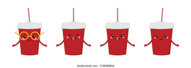 Set, collection of cute and happy cartoon red disposable plastic soda cups with straw characters. Soft drink characters.