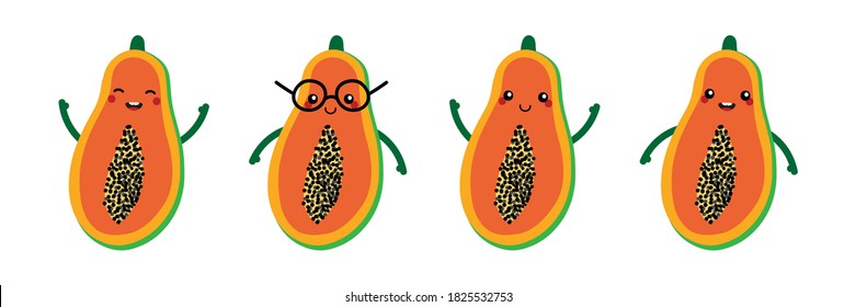 Set, collection of cute and happy cartoon style papaya characters for healthy food, vegan and cooking design.
