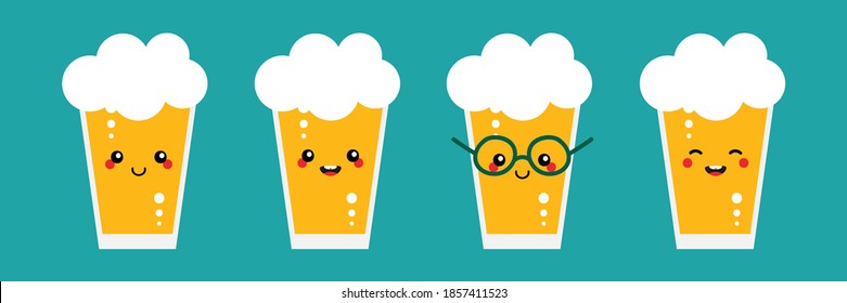 Set, collection of cute and happy cartoon style  glasses of lager beer characters for International Beer Day, Oktoberfest, Saint Patrick's Day.

