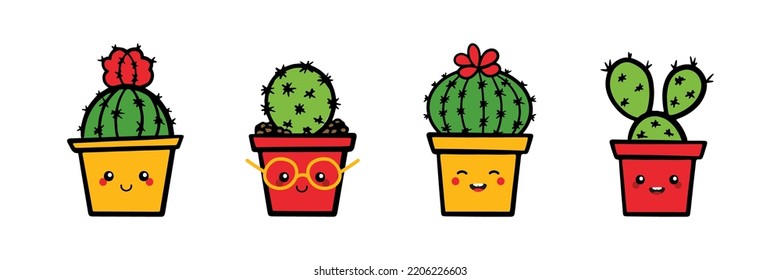 Set, collection of cute and happy doodle style cacti, cactus, succulents in pot characters.
