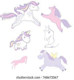 Set collection of cute horses. Vector illustration.