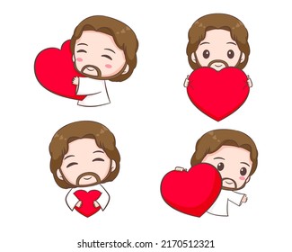 Set collection of cute Jesus with love heart. Chibi cartoon character