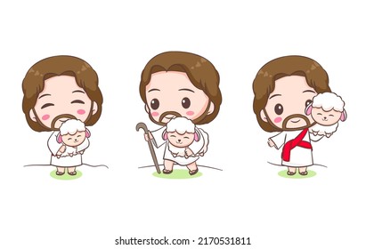 Colección Cute Jesus y las ovejas. Chibi caricatura sobre el personaje fondo blanco aislado.