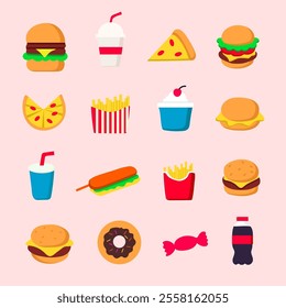 set of collection cute junk food vector like a burger, pizza, and hotdog