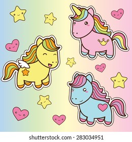 Set collection of cute kawaii style horses. Decorative bright colorful  design elements in doodle Japanese style isolated on colorful background. Vector illustration. 