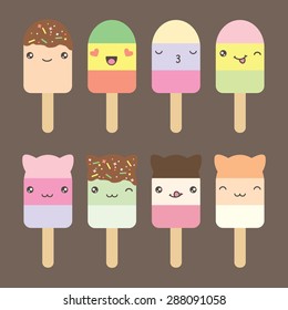 Set collection of cute kawaii style ice cream bars . Decorative bright colorful design elements in doodle Japanese style isolated on grey background. Vector illustration.