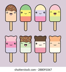 Set collection of cute kawaii style ice cream bars . Decorative bright colorful design elements in doodle Japanese style isolated on grey background. Vector illustration.