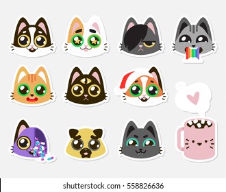 Set collection of cute kawaii style cat, kitten, kitty, pet, puppy, pug, mug, cup labels. Decorative bright colorful design elements in doodle Japanese style isolated. Vector illustration.