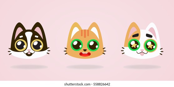 Set collection of cute kawaii style cat, kitten, kitty, pet, mug, cup labels. Decorative bright colorful design elements in doodle Japanese style isolated. Vector illustration.