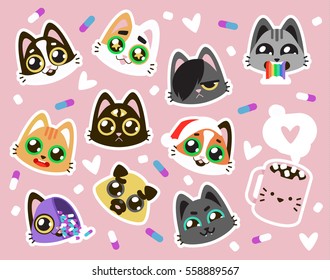 Set collection of cute kawaii style cat, kitten, kitty, pet, puppy, pug, mug, cup labels. Decorative bright colorful design elements in doodle Japanese style isolated. Vector illustration.