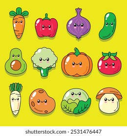 Set collection of cute kawaii vegetable doodle illustration