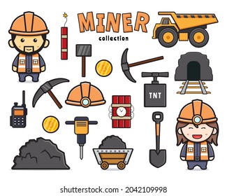 Set collection of cute miner and equipment doodle clip art cartoon icon illustration flat cartoon style design