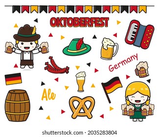 Set Kollektion cute oktoberfestes Feierfest-Cartoon-Symbol CliClip-Art Design einzeln flachen Cartoon-Stil