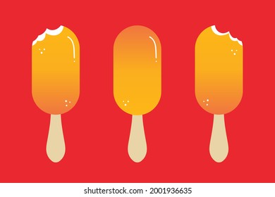 Set, collection of cute orange creamsicles, popsicles, ice cream on stick, whole and with bite marks.