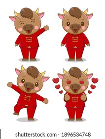 Set collection of Cute ox. Vector illustration of chibi character isolated on white background.