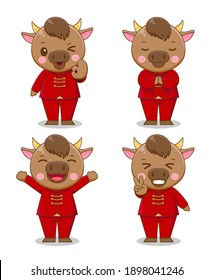 Set collection of Cute ox. Vector illustration of chibi character isolated on white background.