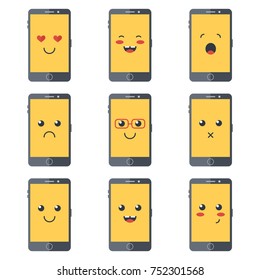 Set, collection of cute phone or tablet emoticons, emoji isolated on white background.