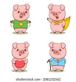 Set collection of cute pig with different pose. Animal cartoon character isolated white background