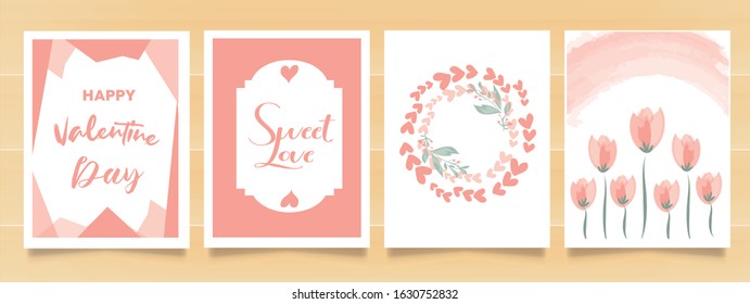 Set Collection of cute pink,Valentine's day card, sale and other flyer templates with lettering. Heart, floral ,love. Typography poster, label, banner design set.  Watercolor background. Trendy