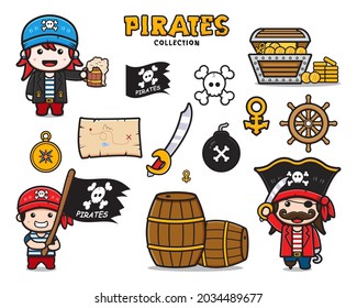 Set collection of cute pirates and equipment cartoon icon clipart illustration. Design isolated flat cartoon style