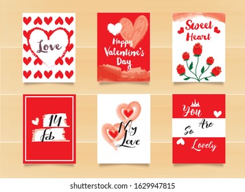 Set Collection of cute red, Valentine's day card, sale and other flyer templates with lettering. Typography poster, label, banner design set.  Watercolor background