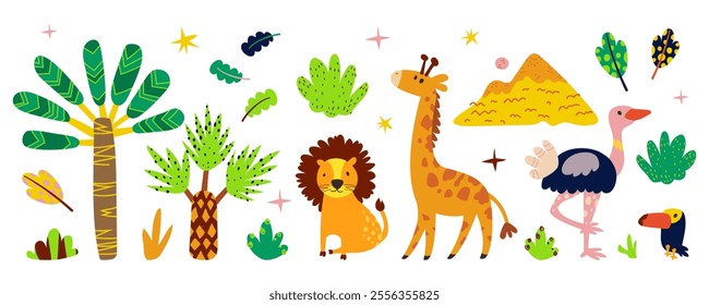 Set, collection of cute safari animals, leaves, and palm trees. Bright colors, green, brown, and pink colors. Isolated on a white background.