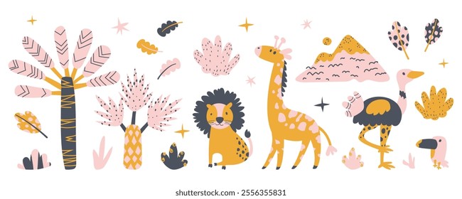 Set, collection of cute safari animals, leaves, and palm trees. Pastel colors, neutral tones, pink, brown, and yellow colors. Isolated on a white background.