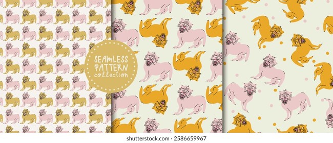 Set. Collection. Cute seamless patterns with cats with open mouth and tongue hanging out. Vector prints, designs, backgrounds