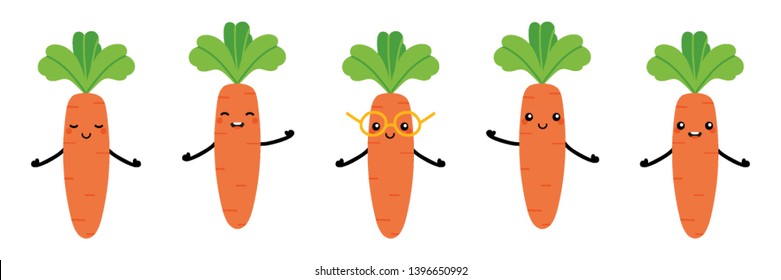 Set, collection of cute and smiling cartoon style carrot characters for autumn, organic food and harvest design.