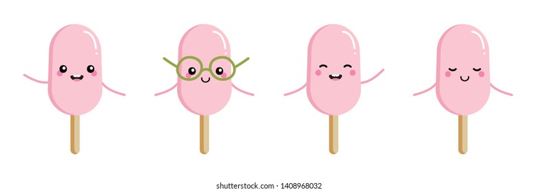 Set, collection of cute and smiling cartoon style ice cream characters for summer food design.
