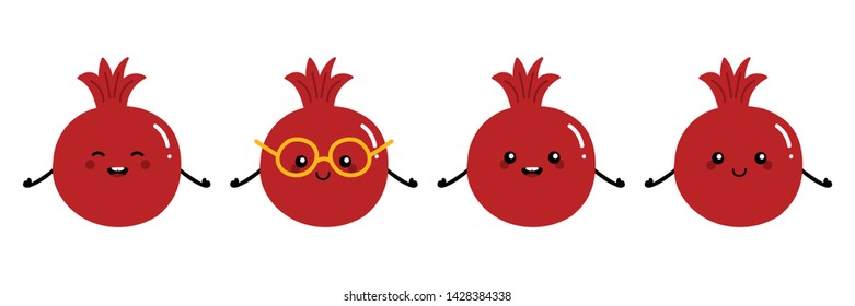 Set, collection of cute and smiling cartoon style pomegranate characters for cooking, healthy and vegan lifestyle design.