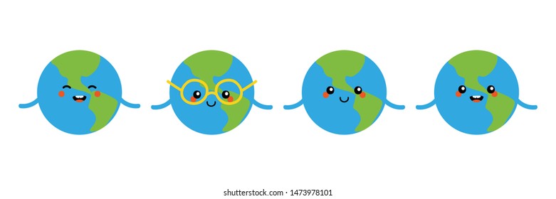 Set, collection of cute and smiling cartoon earth planet characters. Vector colorful planet icons.