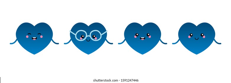 Set, collection of cute and smiling cartoon style blue heart characters for Valentines Day design.